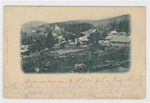 Schierke Gruss aus Schierke. Totalansicht gelaufen 1900. Marke entfernt. Leichter Stempeldurchdruck. Leicht fleckig.