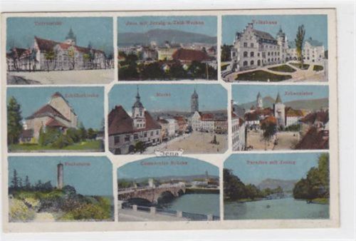 Jena Jena. Universität, Jena mit Jenzig und Zeiß-Werken Volkshaus Schillerkirche Markt Johannistor Fuchsturm Camsdorfer Brücke Paradies mit Jenzig gelaufen 1923 kleiner Knick an der linken unteren Ecke Rückseite leicht fleckig, sonst gut erhalten