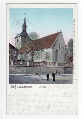 Lunakarte von Schwanebeck mit Kirche gelaufen ca. 1900. Leichte Stempelspuren, kleiner Knick unten links, sonst gut erhalten.