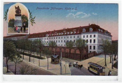 Halle Halle mit Francksche Stiftungen und Denkmal. Feldpost, mit Stempel von 1916. Kleine Abschürfung oben links, kleiner Knick unten links und rechts, sonst gut erhalten.
