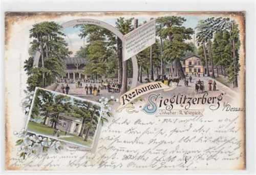 Nordansicht und Front des Restaurants Sieglitzerberg und Herzoglichem Theeschlößchen gelaufen von 1897. Oxydierung an den Rändern, sonst gut erhalten.