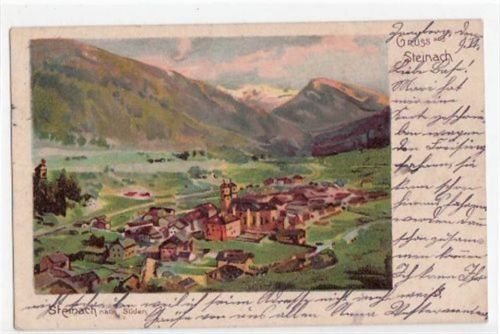 Steinach Steinach am Brenner, Künstlerkarte mit Gesamtansicht gelaufen von 1905 kleiner Knick mit Einriß unten links, kleiner Knick oben links und unten rechts, sonst gut erhalten