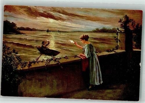 Junge Frau verabschiedet sich von ihrem Liebsten im Ruderboot Moderne Meister Verlag Arthur Rehn & Co. Nr. 713