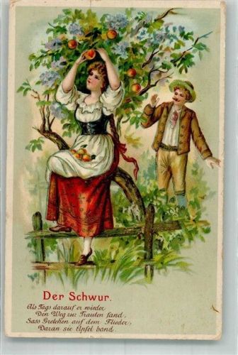 1922 Prägedruck Junge Frau in Tracht bindet Äpfel an den Flieder Poesie / Liebe
