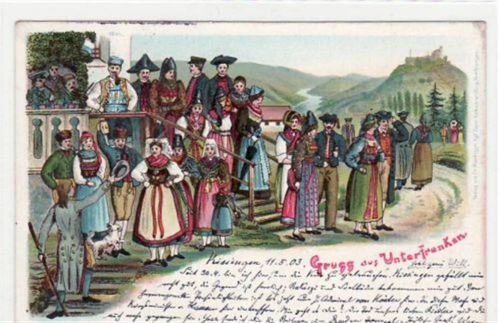 Lithographie. Gruß aus Unterfranken - Bad Kissingen. Trachten gelaufen 1903 Eckbug unten links, sonst gut erhalten.