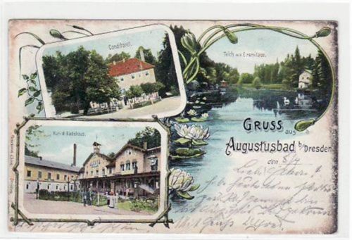 Liegau-Augustusbad Augustusbad mit Conditorei, Kur- u. Badehaus u. Teich mit Eremitage gelaufen von 1906. Oxydationsspuren an den Rändern, leicht bügig, leicht fleckig, sonst gut erhalten.
