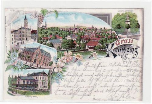 Kamenz Kamenz, Lithographie Lessingdenkmal, Postamt, Rathaus und Hutberg - Hotel gelaufen von 1896. Gute Erhaltung.