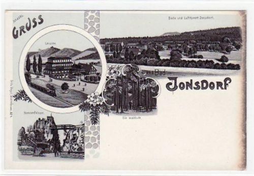 Kurort Jonsdorf Jonsdorf, Lithographie Nonnenfelsen, Lausche u. Waldluft. ungelaufen um 1900 Oxydationsspuren rechter Rand, sonst gut erhalten.