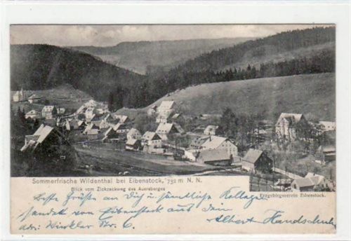 Wildenthal bei Eibenstock mit Gesamtansicht gelaufen von 1905. Leicht bügig, leicht fleckig, sonst gut erhalten