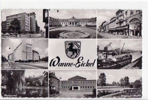 Herne, 8 Abbildungen mit Hauptstraße u. Hallenbad gelaufen, mit Marke und Stempel von 1962. Gute Erhaltung.