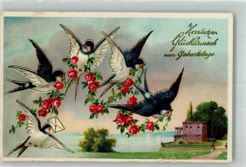 Prägedruck Vögel mit Rosengirlande und Brief Künstlerkarte