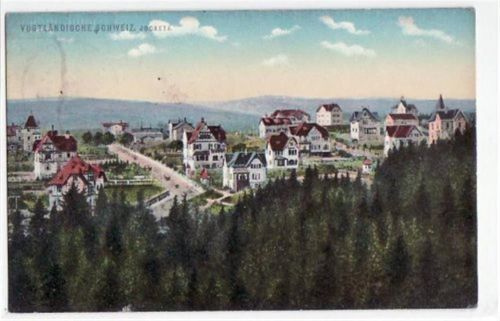 Jocketa, Vogtländische Schweiz mit Gesamtansicht gelaufen von 1911. Kleine Abschürfung Vorderseite oben, leichte Abschürfungen, leicht fleckig, sonst gut erhalten