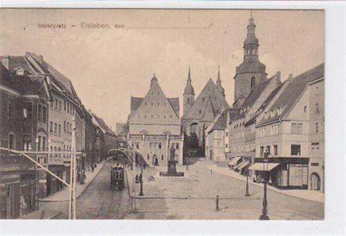 Lutherstadt Eisleben Eisleben. Marktplatz Straßenbahn gelaufen 1912. Leichter Stempeldurchdruck. Leicht fleckig, sonst gut erhalten