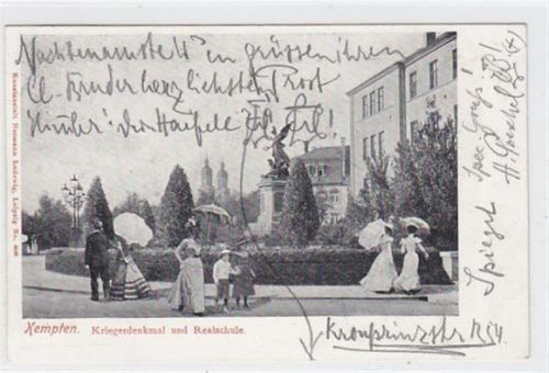 Kempten Kempten mit Kriegerdenkmal und Realschule gelaufen, mit Marke und Stempel von 1902. Ecken mit Albumabdrücken, sonst gut erhalten