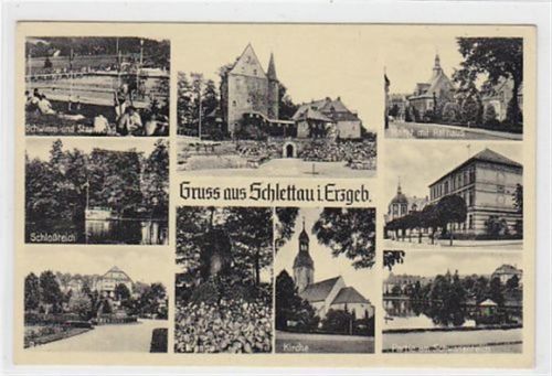 Schlettau im Erzgebirge. Schwimm- und Strandbad Schloßteich Rosarium Schloß Ehrenmal Kirche Markt Rathaus neue Schule Partie am Schwanenteich. Karte beschrieben Gute Erhaltung.