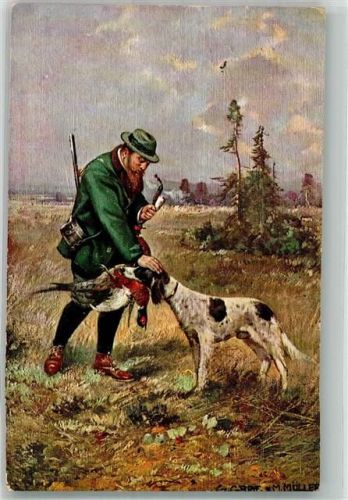 1916 sign. Müller Jäger mit seinem apportierenden Hund Künstlerkarte Feldpost WK I Markneukirchen