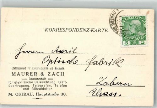 Ostrava 1911 Bestellung Handlung für Elektrotechnik und Mechanik Mauerer und Zach