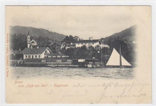 Tegernsee. Teilansicht mit Cafe am See und Segelboot gelaufen am 22. Mai 1901. Gute Erhaltung.