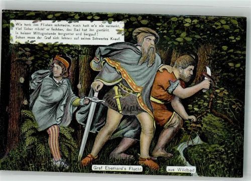 W7547 Bad Wildbad im Schwarzwald Graf Eberhard's Flucht aus Wildbad Adel Württemberg Künstlerkarte