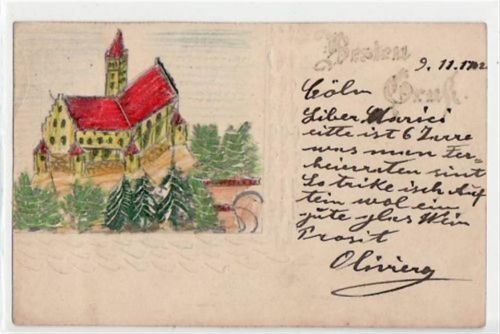 Köln, handgemaltes Einzelstück gelaufen von 1902 kleiner Knick oben links, sonst gut erhalten