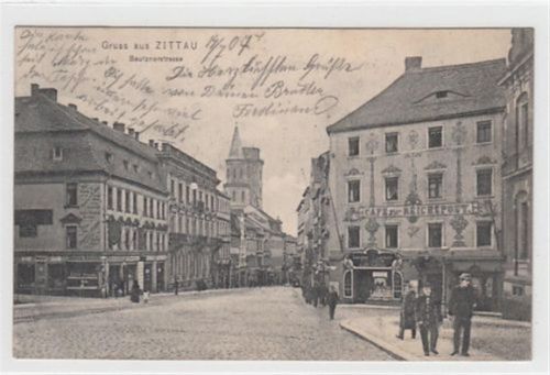 Zittau Zittau. Bautznerstrasse mit Café zur Reichspost gelaufen, 1907. Leicht stockfleckig, sonst gut erhalten
