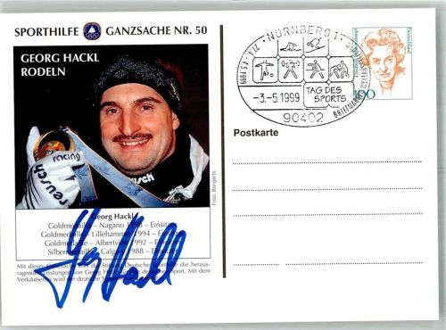 Nürnberg 1999 Portrait vom Rennrodler Georg Hackl mit Autogramm Ort lt. Sonderstempel