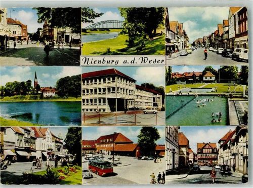 31582 W3070 Nienburg Weser Foto AK Kirche Brücke Auto Omnibus Schwimmbad Geschäfte Straße