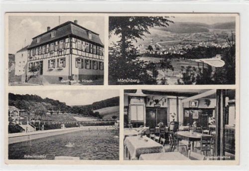 Mönchberg mit Totale, Gasthaus zum Hirsch und Schwimmbad gelaufen, 1939. Leichter Stempeldurchdruck, sonst gut erhalten