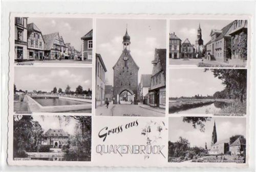 Quakenbrück, 7 Abbildungen mit Gut Vehr u. Marienkirche gelaufen, mit Marke und Stempel von 1957 kleiner Knick unten links und rechts, sonst gut erhalten