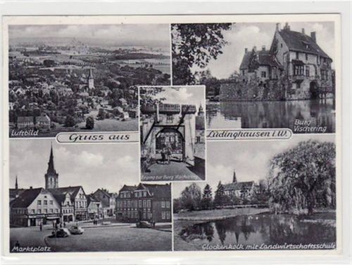 Lüdinghausen, 5 Abbildungen mit Marktplatz und Burg gelaufen, mit Marke und Stempel von 1957 kleiner Knick oben links und unten rechts, sonst gut erhalten