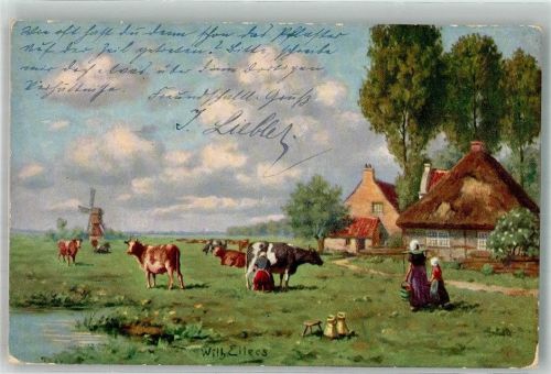 1907 sign. Eilers, Wilhelm Holländische Bäuerinnen melken die Kühe vor Bauernhaus und Windmühle Bahnpost