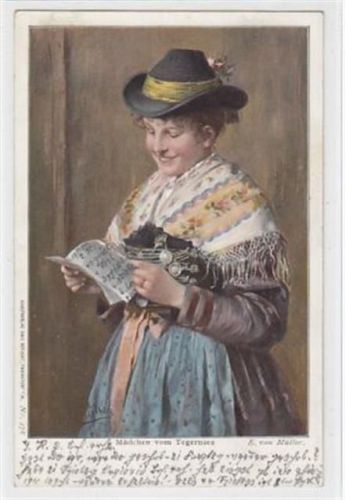 Tegernsee, Künstlerkarte mit Trachtenmädchen gelaufen, mit Marke und Stempel von 1900. Gute Erhaltung.