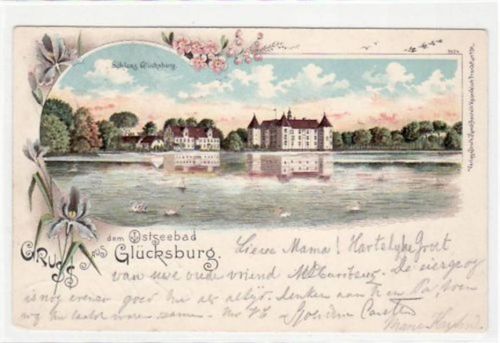 Glücksburg Glücksburg, Lithographie mit Schloss gelaufen, 1900. Leicht abgerundete Ecke n, leichter Schriftdurchdruck, sonst gut erhalten