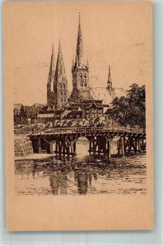Lübeck sign. Schadde Dankwartsbrücke mit Petrikirche und Marienkirche