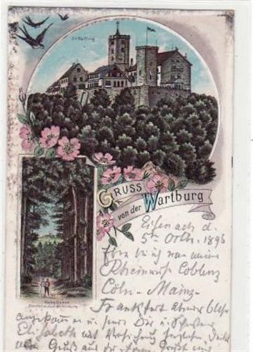 Wartburg Gruß von der Wartburg bei i. Thür. Totalansicht Durchblick von der Hohen Sonne gelaufen 1896. Oxydationsspuren an den Rändern, sonst gut erhalten.