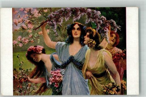 sign. Schramm Frühlingsgrüße Junge Frauen mit Blütenzweigen
