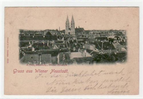 AK Gruss aus der Wiener Neustadt. Totale Kirche gelaufen am 17.09.1897. Leicht stockfleckig, sonst gut erhalten.
