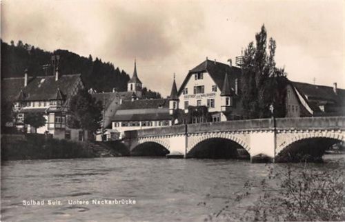 Sulz. untere Neckarbrücke mit Gasthof zum Waldhorn gelaufen. Marke entfernt. Leichter Stempeldurchdruck, Knick unten rechts, sonst gut erhalten