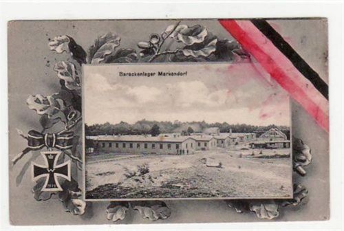 Barackenlager Markendorf. Als Feldpost befördert 1916, d. h. ohne Marke, da Soldatenpost gebührenfrei war. Vorderseite leicht fleckig, sonst gut erhalten.