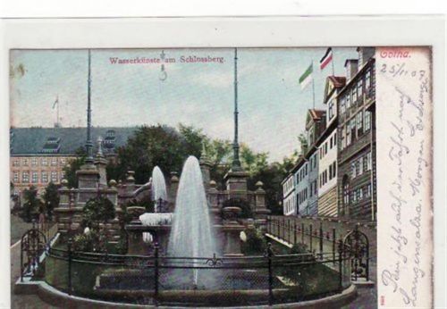 Gotha Lithographie Gotha. Abgebildet die Wasserkünste am Schloßberg gelaufen als Bahnpost 1907. Oxydationsspuren rechter Rand, sonst gut erhalten.