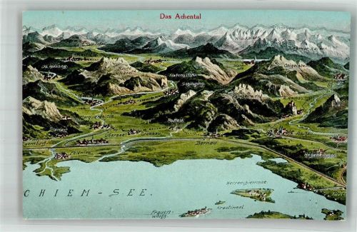 Übersee Vogelschau der Gegend um den Chiemsee mit Achental und Alpenpanorama