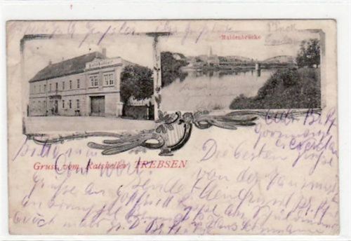 Trebsen Trebsen mit Ratskeller und Muldenbrücke gelaufen von 1902 kleiner Knick oben links, leichter Stempeldurchdruck, leicht stockfleckig, sonst gut erhalten.