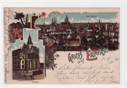 Erfurt Lithographie Gruss aus Erfurt mit Total-Ansicht und Rathaus gelaufen 1900. Leicht fleckig, sonst gut erhalten.