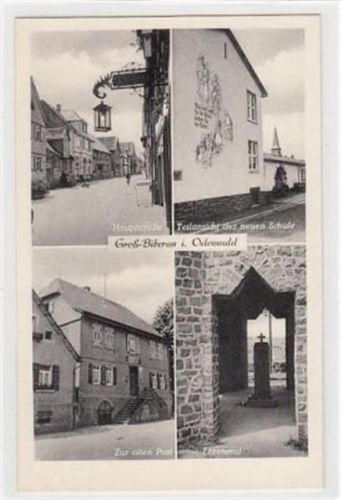 Groß-Biberau im Odenwald mit Hauptstraße, Teilansicht der neuen Schule, Ehrenmal und Gasthaus " Zur alten Post ". ungelaufen Nachkriegskarte. Top Erhaltung.