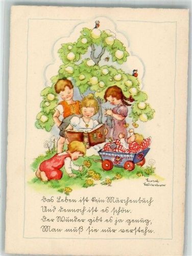 sign. Lauterborn, Liesel Mädchen liest Kindern aus Märchenbuch vor