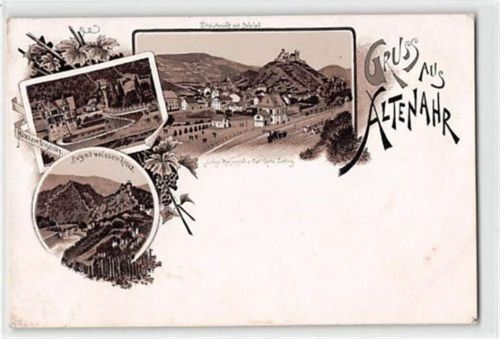Altenahr Lithographie Altenahr mit Hotel zur Engelsley, Bahnhof und Burg mit weissem Kreuz ungelaufen Ecken mit Albumabdrücken, kleiner Knick oben links, sonst gut erhalten
