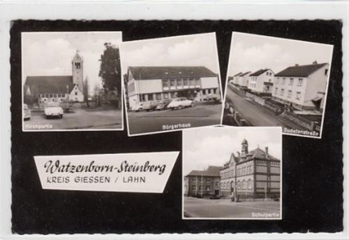 Watzenborn-Steinberg mit Sudetenstraße und Schulpartie gelaufen, 1975. Leicht bügig, leichter Stempeldurchdruck, sonst gut erhalten