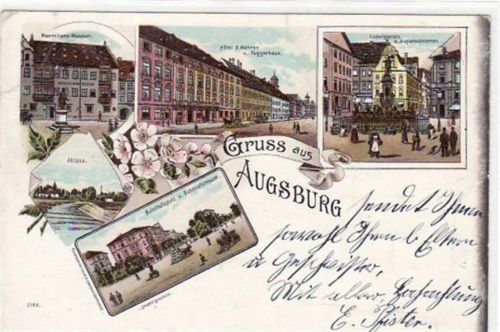 Augsburg Gruß aus Augsburg. Maximilans-Museum, Hotel 3 Mohren Fuggerhaus, Ludwigsplatz Augustusbrunnen, Ablass, Bahnhofslatz Bahnhofstraße gelaufen Eckbug oben und unten links kleiner Riß linke Kante Oxydationsspuren rechter Rand, sonst gut erhalten.