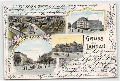 Landau Landau, Lithographie. Hauptbahnhof gelaufen. Leicht bügig, sonst gut erhalten