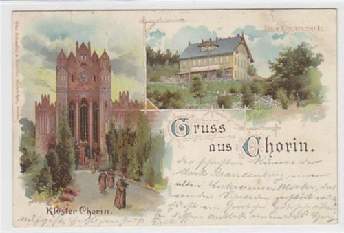 Lithographie Gruss aus Chorin. neue Klosterschänke Kloster gelaufen 1899. Leichte Abdrücke an den Ecke n vom Album kleiner Riß am oberen Rand. Leichter Stempeldurchdruck.